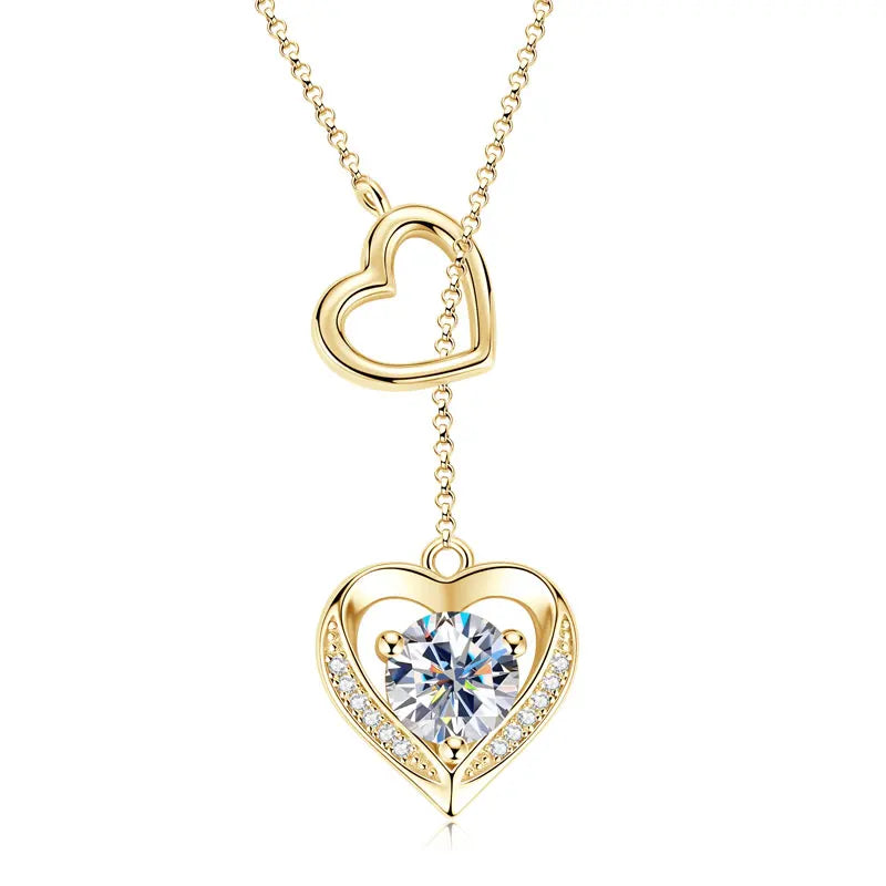Moissanite Double Heart Necklace | 925 Sterling Silver Y-Lariat | Diamonds Grace