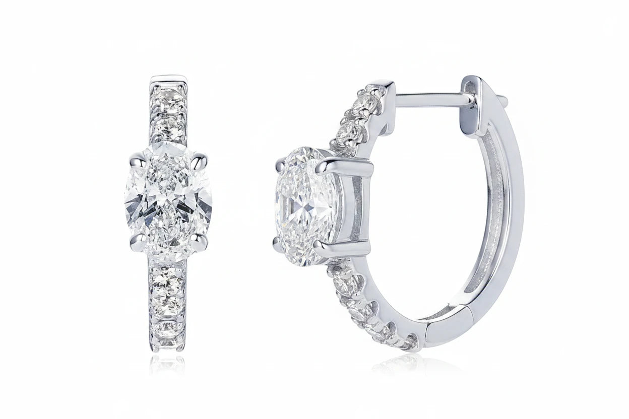 1ct Oval Moissanite Huggie Hoop Earrings | 925 Sterling Silver | Diamonds Grace