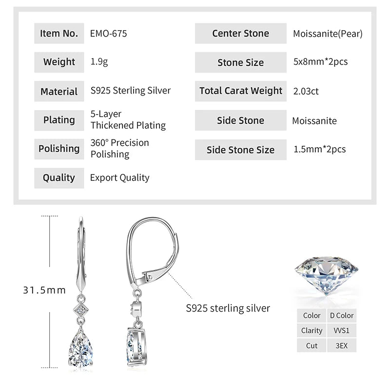 Pear Cut Moissanite Teardrop Dangle Earrings | 1ct D Color VVS1 | 925 Sterling Silver | Diamonds Grace