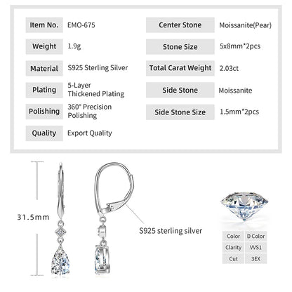 Pear Cut Moissanite Teardrop Dangle Earrings | 1ct D Color VVS1 | 925 Sterling Silver | Diamonds Grace