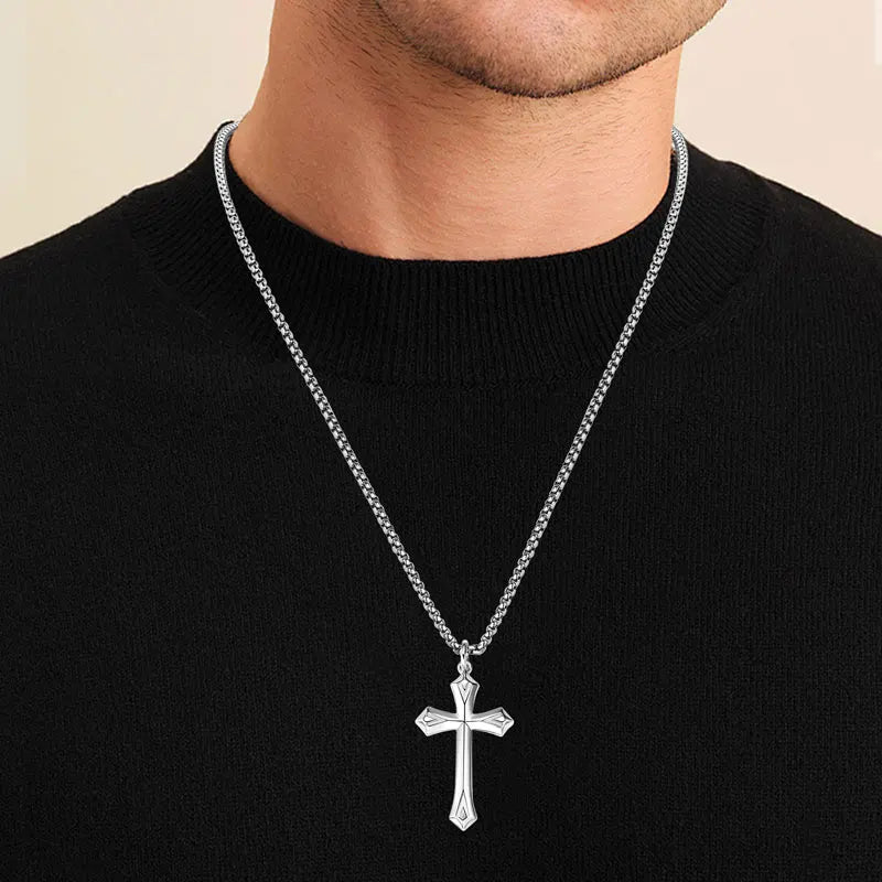Matte Silver Gothic Cross Pendant Necklace | Baroque Crucifix | Unisex | Diamonds Grace