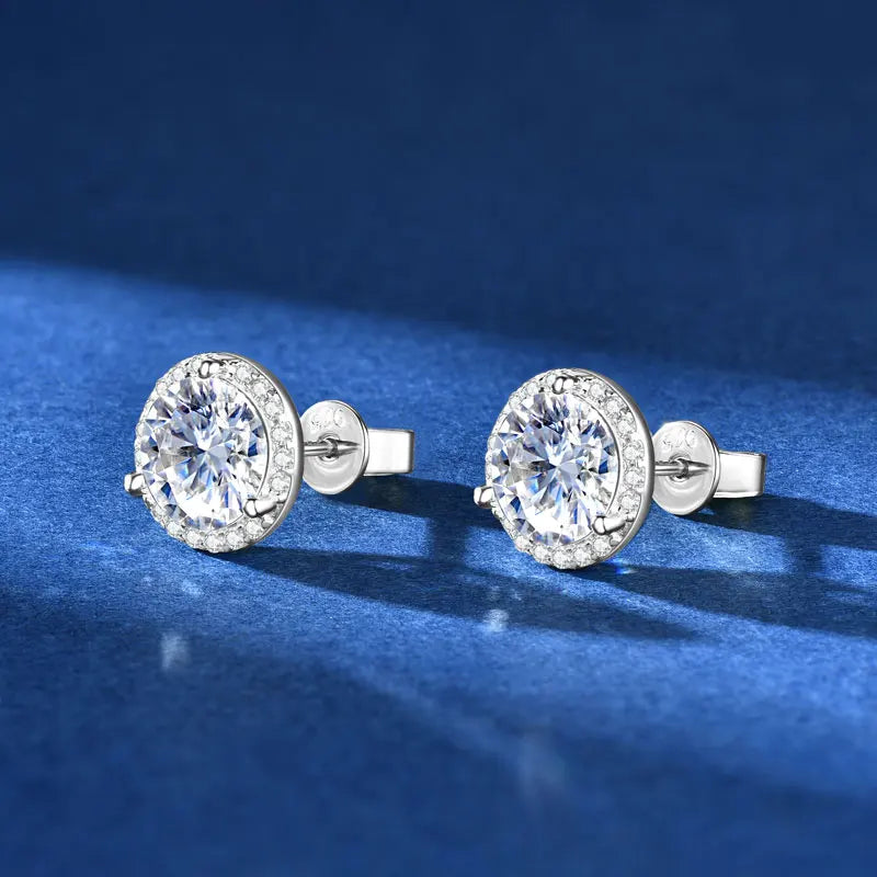 Moissanite Halo Stud Earrings | 0.5ct–2ct Round | 925 Sterling Silver | Diamonds Grace