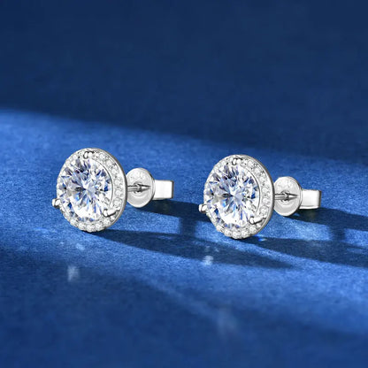 Moissanite Halo Stud Earrings | 0.5ct–2ct Round | 925 Sterling Silver | Diamonds Grace