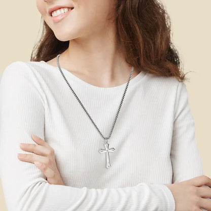 Matte Silver Gothic Cross Pendant Necklace | Baroque Crucifix | Unisex | Diamonds Grace
