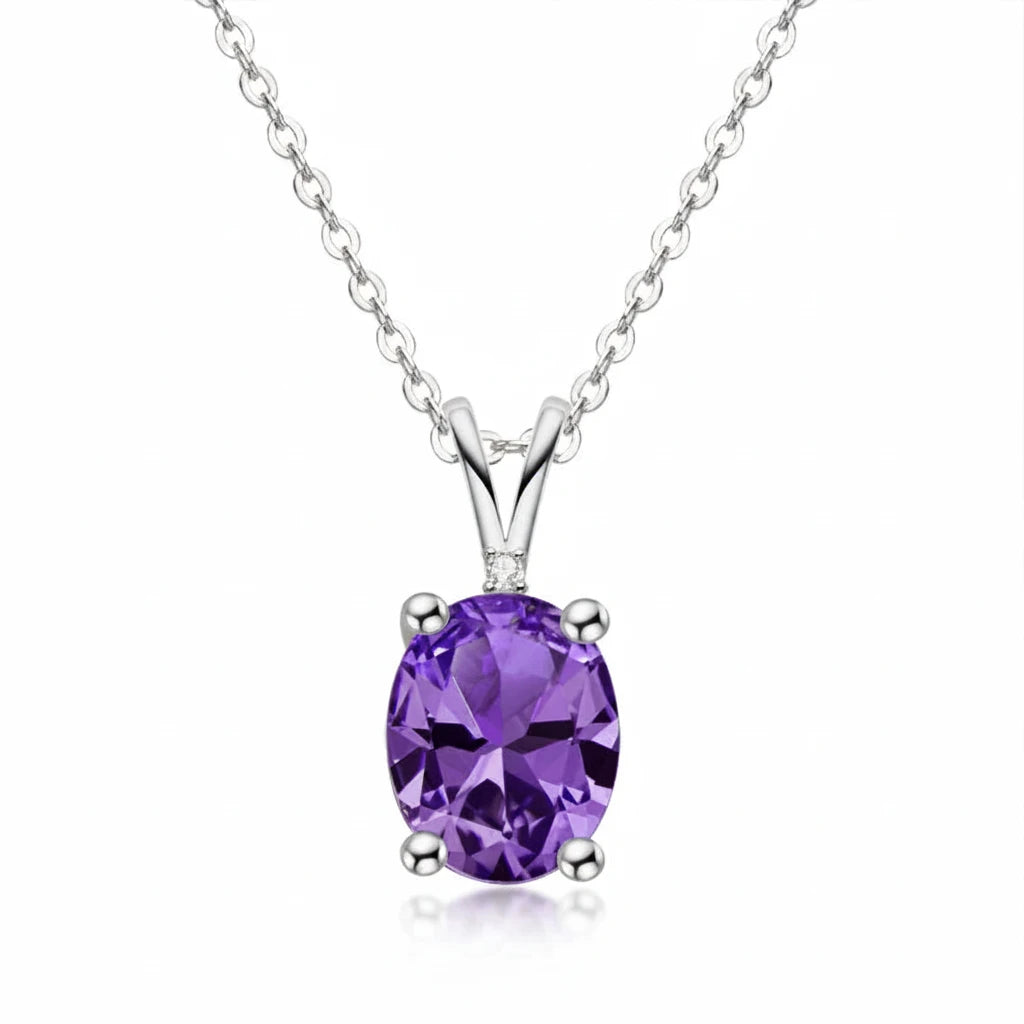 Oval Cut Amethyst Pendant Necklace | 925 Silver White Gold | Diamonds Grace