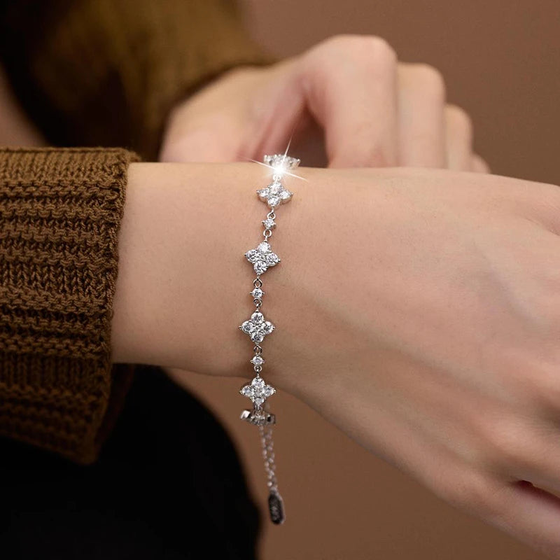 Four Leaf Clover Moissanite Bracelet | 925 Silver Adjustable | Diamonds Grace