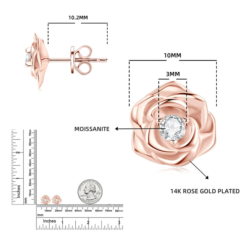 Moissanite Rose Flower Stud Earrings | 925 Sterling Silver VVS | Diamonds Grace