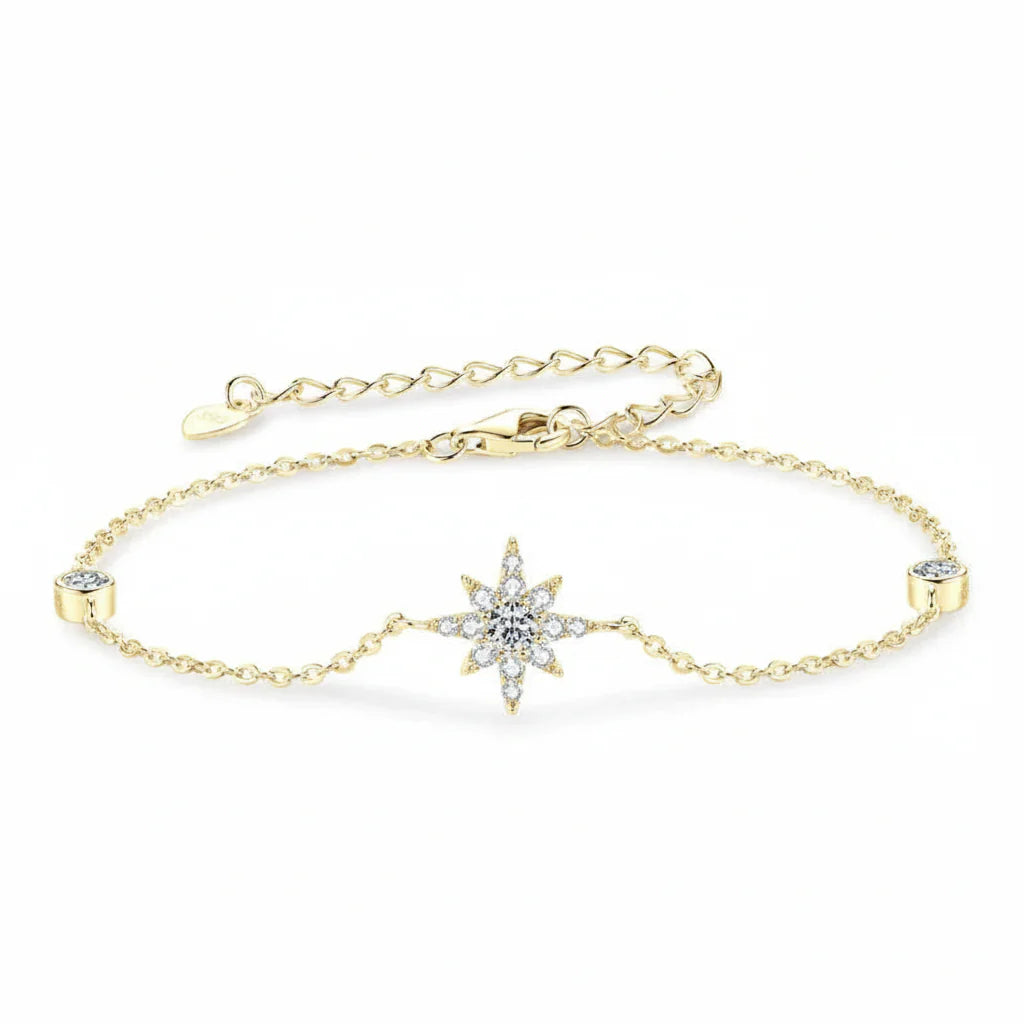 Moissanite Star Bracelet in 14K gold-plated 925 sterling silver with pavé-set celestial moissanite stars in white and yellow gold options