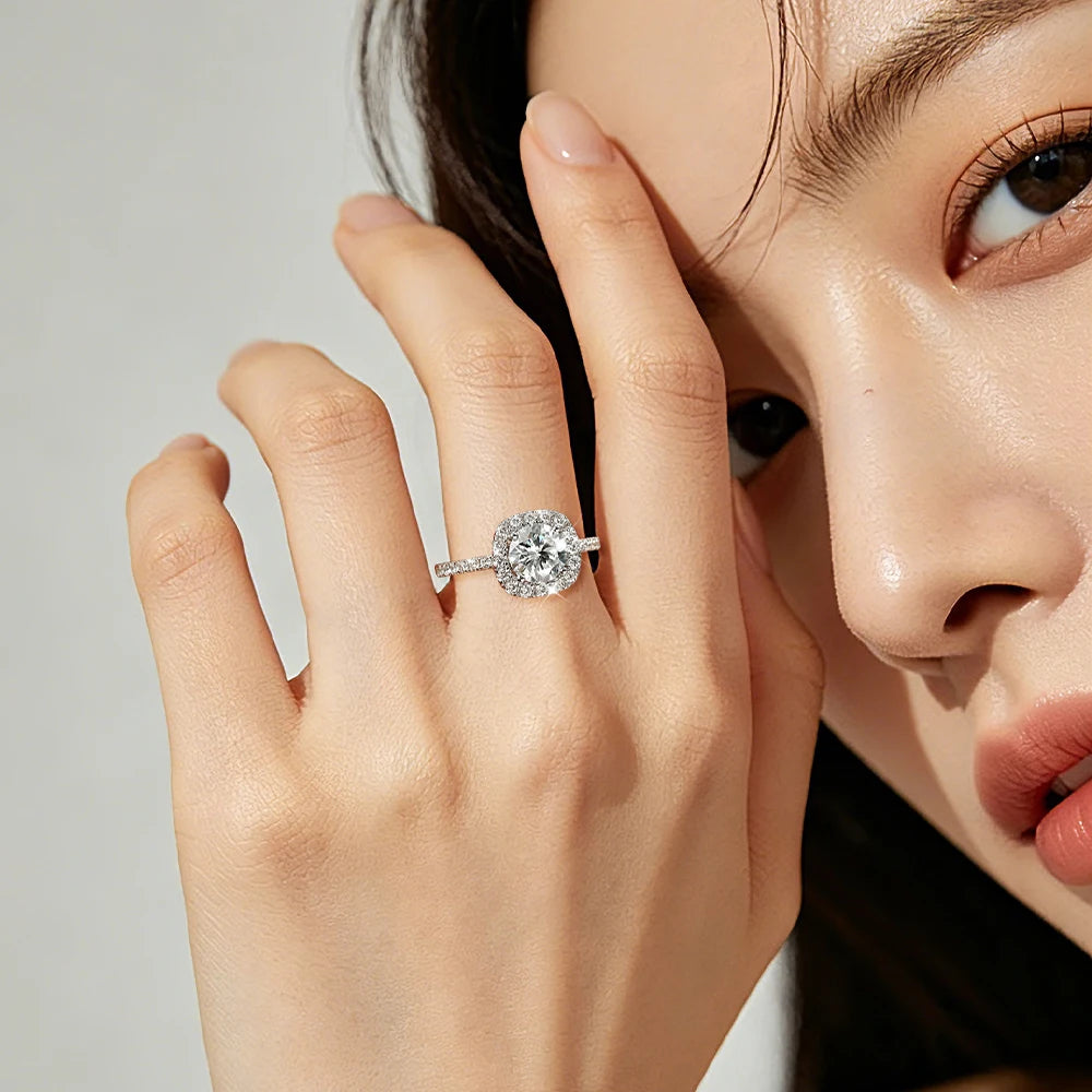 2ct Moissanite Engagement Ring | 8mm Square Halo 925 Sterling Silver | Diamonds Grace