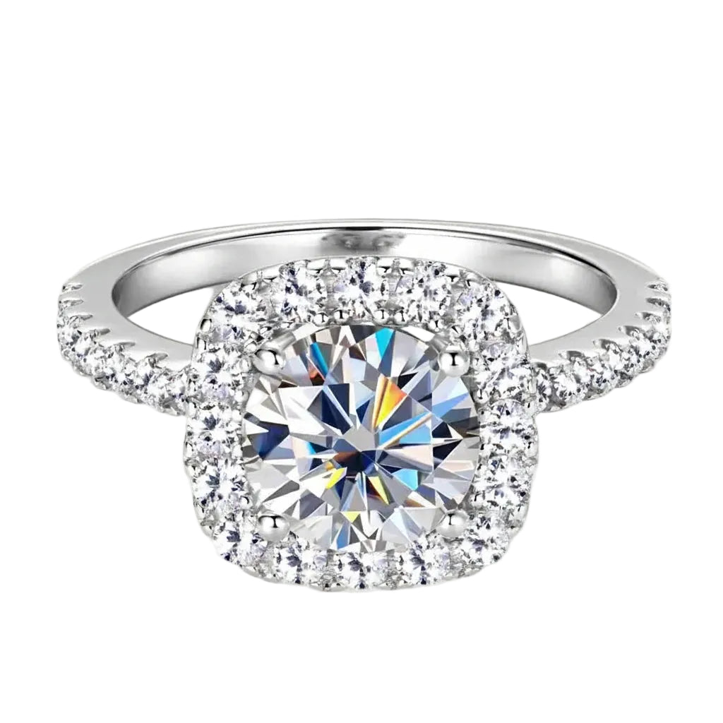 2ct Moissanite Engagement Ring | 8mm Square Halo 925 Sterling Silver | Diamonds Grace