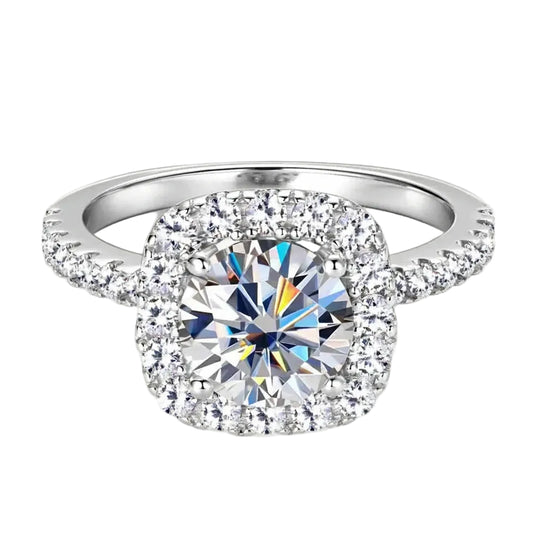 2ct Moissanite Engagement Ring | 8mm Square Halo 925 Sterling Silver | Diamonds Grace