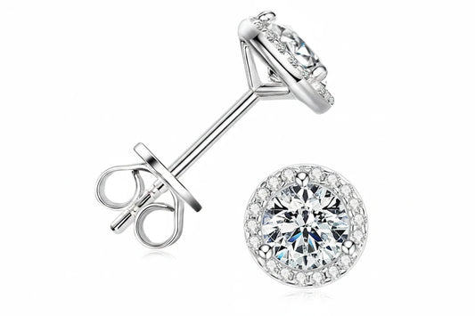 Moissanite Halo Stud Earrings | 0.5ct–2ct Round | 925 Sterling Silver | Diamonds Grace