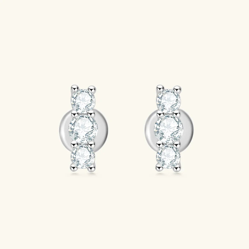 925 Sterling Silver Moissanite Stud Earrings | VVS 3-Stone Round Cut | Diamonds Grace