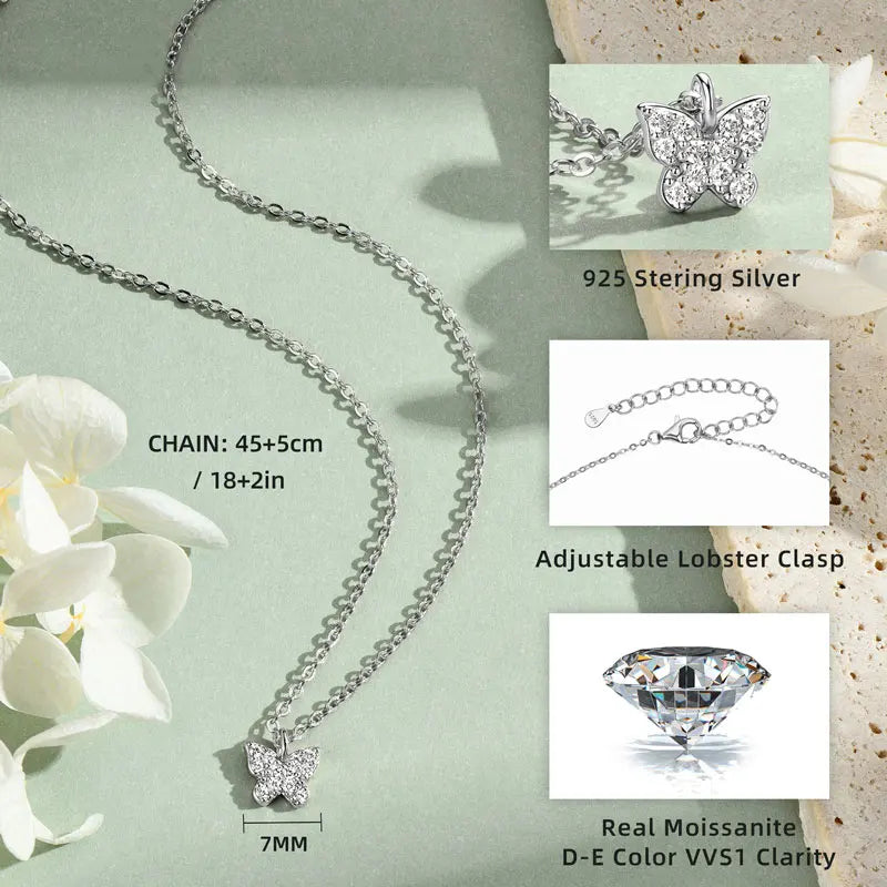 Moissanite Butterfly Pendant Necklace | 925 Sterling Silver D Color | Diamonds Grace