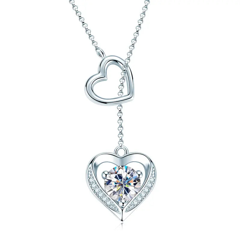 Moissanite Double Heart Necklace | 925 Sterling Silver Y-Lariat | Diamonds Grace