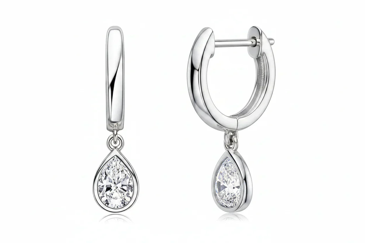 Pear Cut Moissanite hoop earrings in 925 sterling silver with teardrop design and high brilliance stones