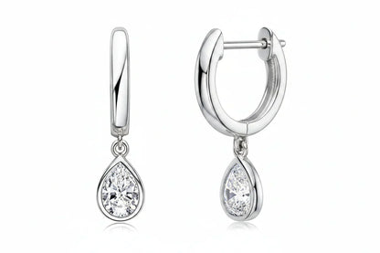 Pear Cut Moissanite hoop earrings in 925 sterling silver with teardrop design and high brilliance stones
