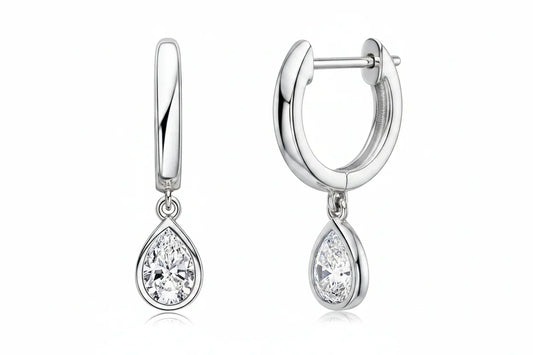 Pear Cut Moissanite hoop earrings in 925 sterling silver with teardrop design and high brilliance stones
