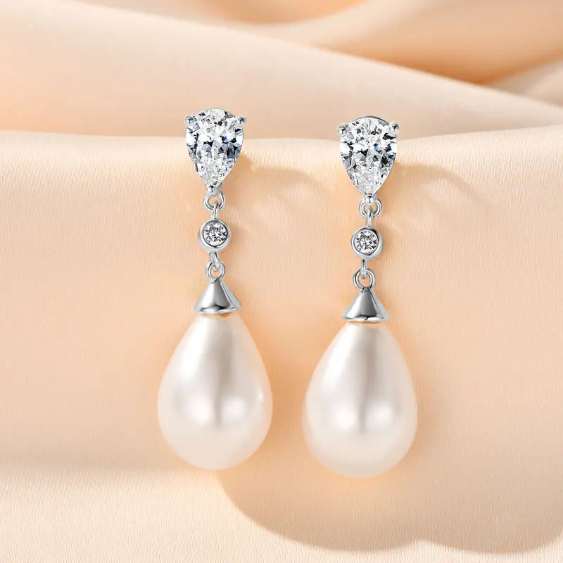 Pearl & Zirconia Drop Earrings | 925 Sterling Silver Teardrop | Diamonds Grace