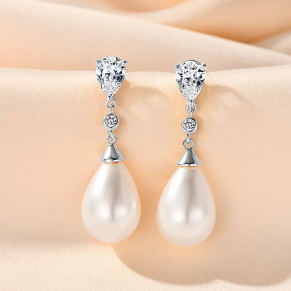 Pearl & Zirconia Drop Earrings | 925 Sterling Silver Teardrop | Diamonds Grace