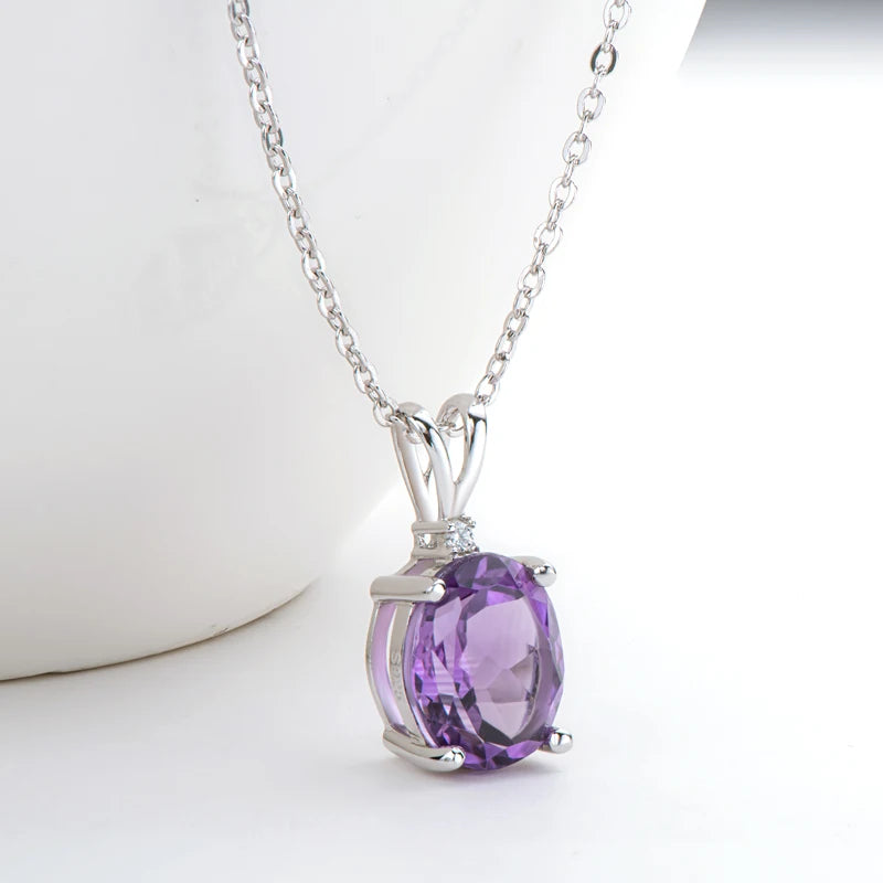 Oval Cut Amethyst Pendant Necklace | 925 Silver White Gold | Diamonds Grace