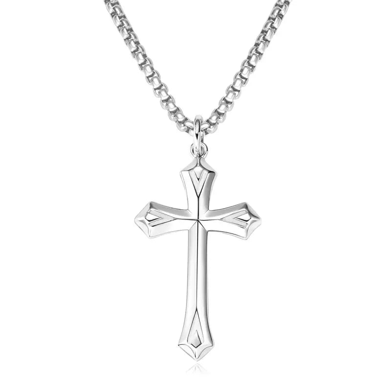 Matte Silver Gothic Cross Pendant Necklace | Baroque Crucifix | Unisex | Diamonds Grace