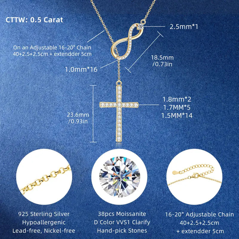 Moissanite Y Lariat Cross Pendant Necklace | 925 Silver | Diamonds Grace