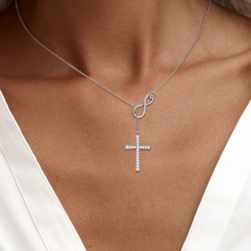 Moissanite Y Lariat Cross Pendant Necklace | 925 Silver | Diamonds Grace