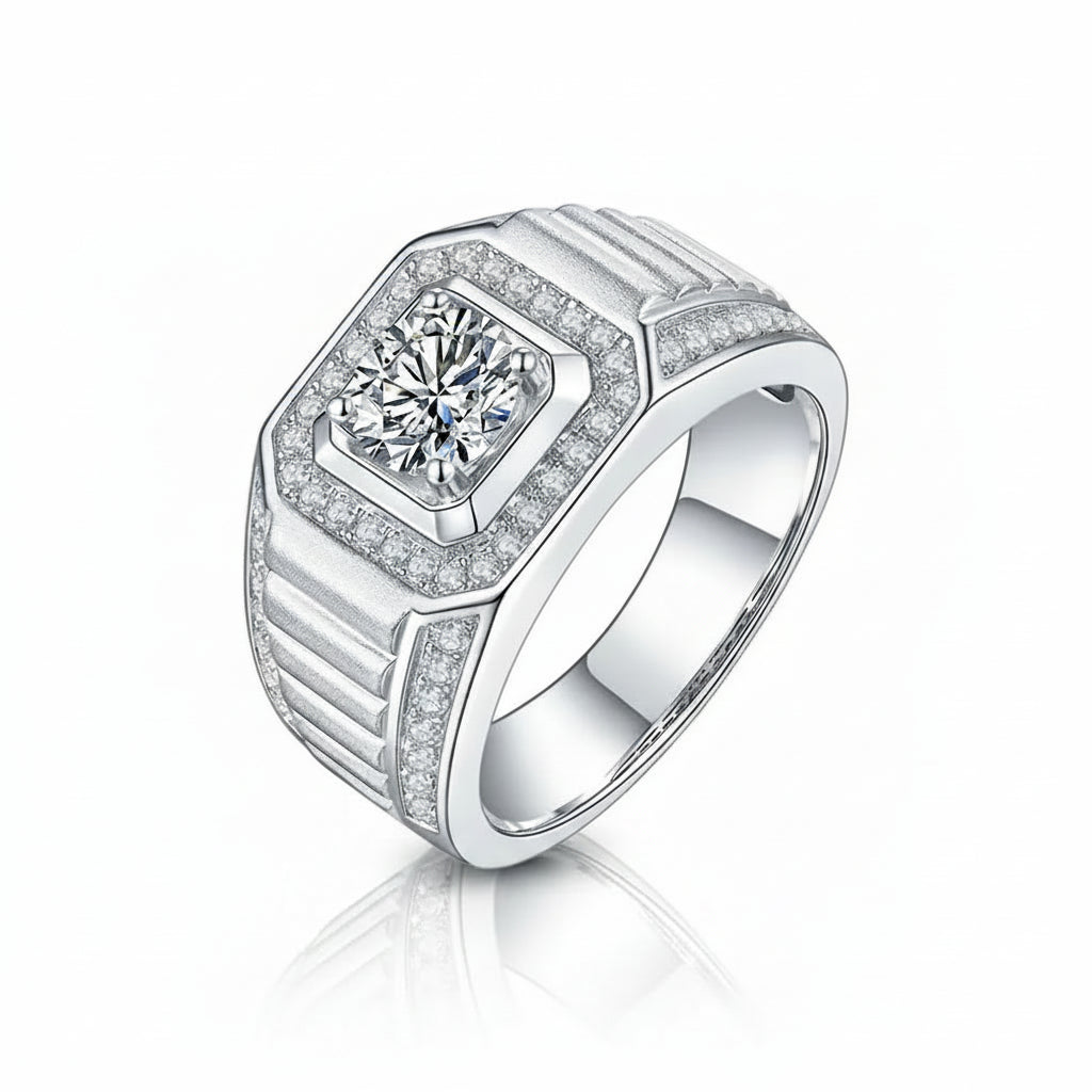 1CT Round Moissanite Men's Wedding Ring | VVS 925 Sterling Silver | Diamonds Grace
