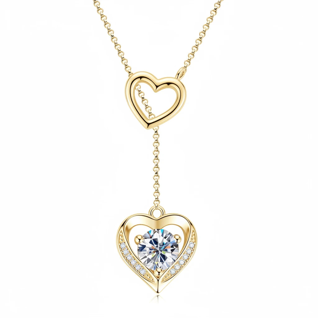 Moissanite Double Heart Necklace | 925 Sterling Silver Y-Lariat | Diamonds Grace