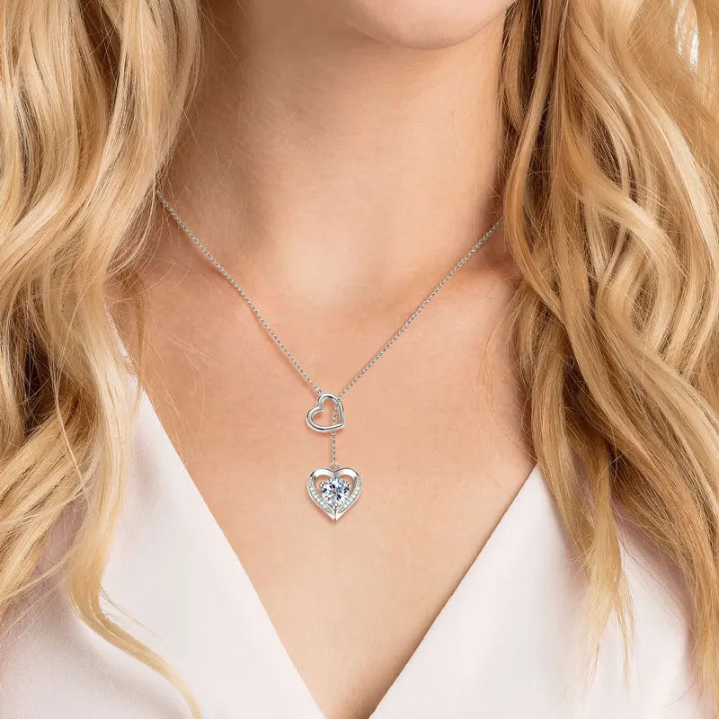 Moissanite Double Heart Necklace | 925 Sterling Silver Y-Lariat | Diamonds Grace