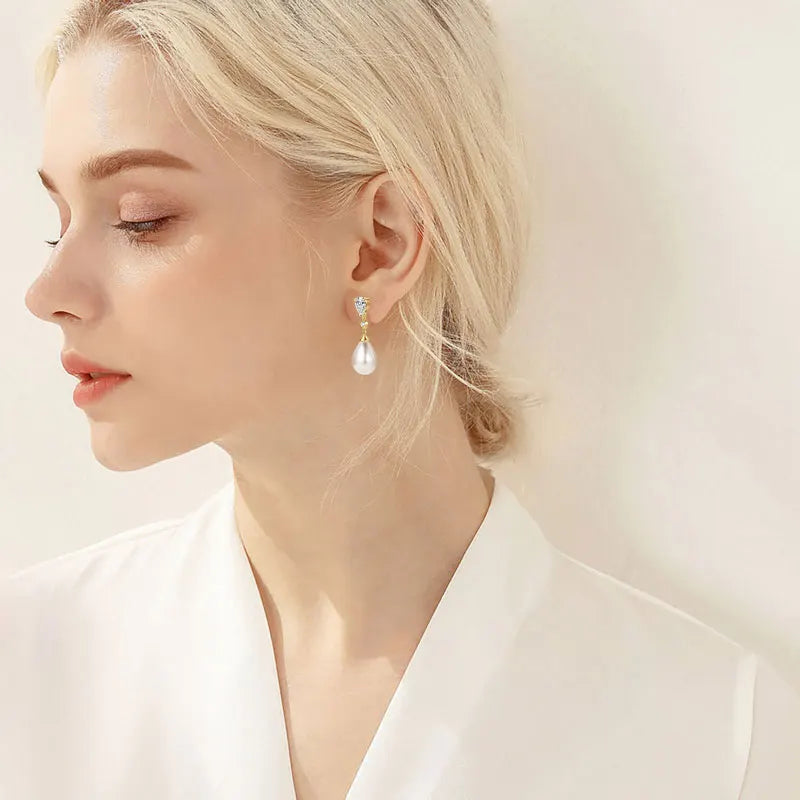 Pearl & Zirconia Drop Earrings | 925 Sterling Silver Teardrop | Diamonds Grace