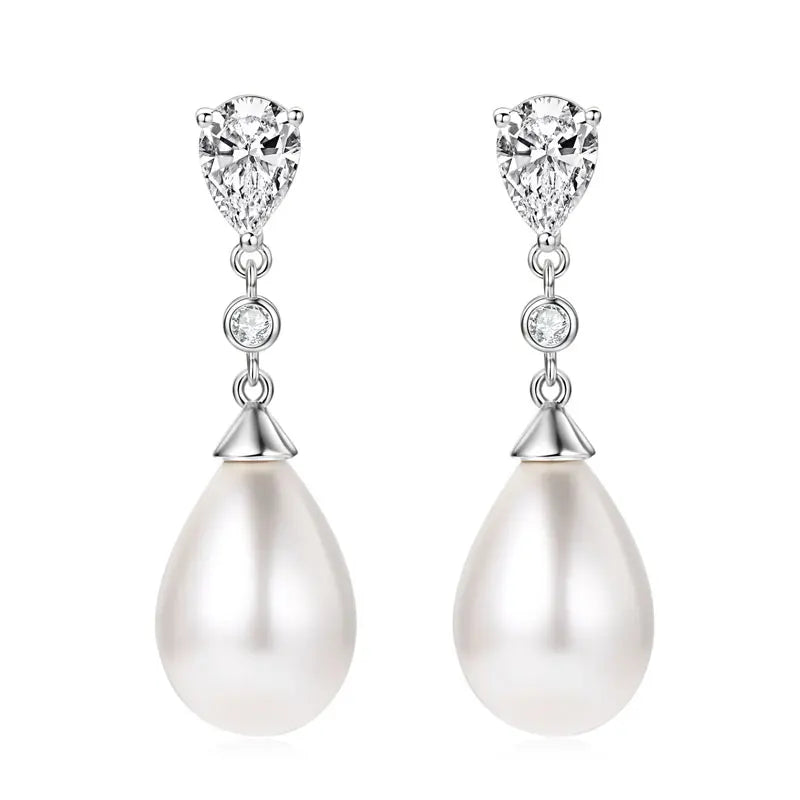 Pearl & Zirconia Drop Earrings | 925 Sterling Silver Teardrop | Diamonds Grace