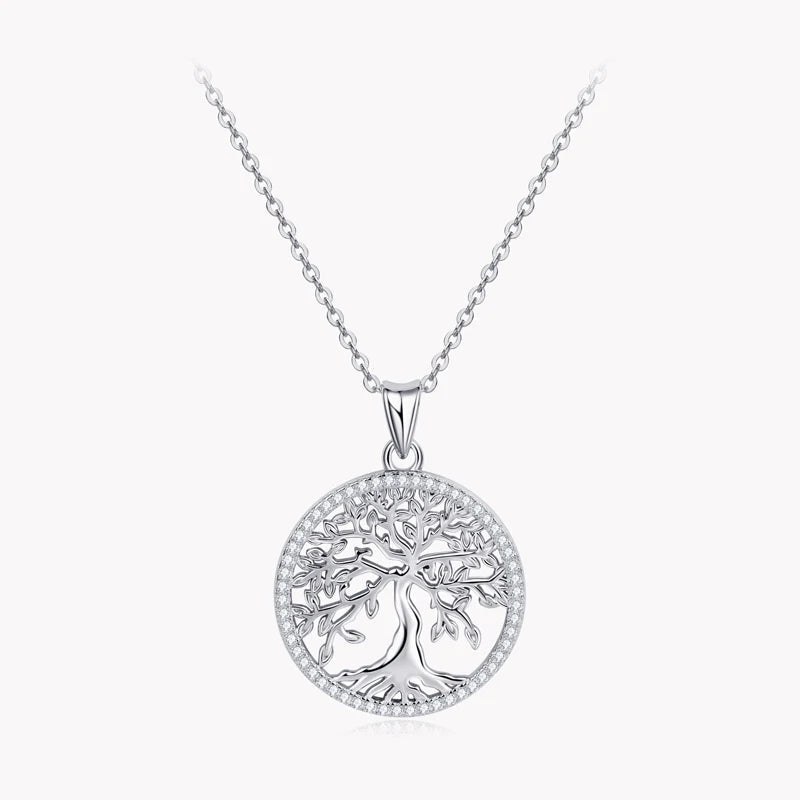 Tree of Life pendant necklace in 925 sterling silver with 54 sparkling moissanites on a circular motif