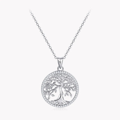 Tree of Life pendant necklace in 925 sterling silver with 54 sparkling moissanites on a circular motif