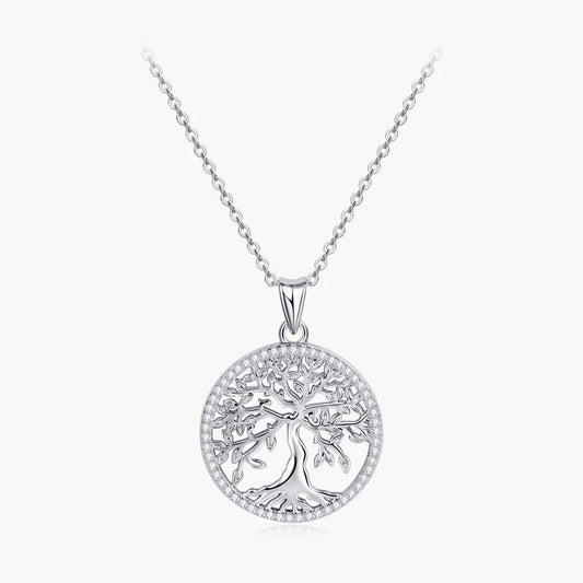 Tree of Life pendant necklace in 925 sterling silver with 54 sparkling moissanites on a circular motif