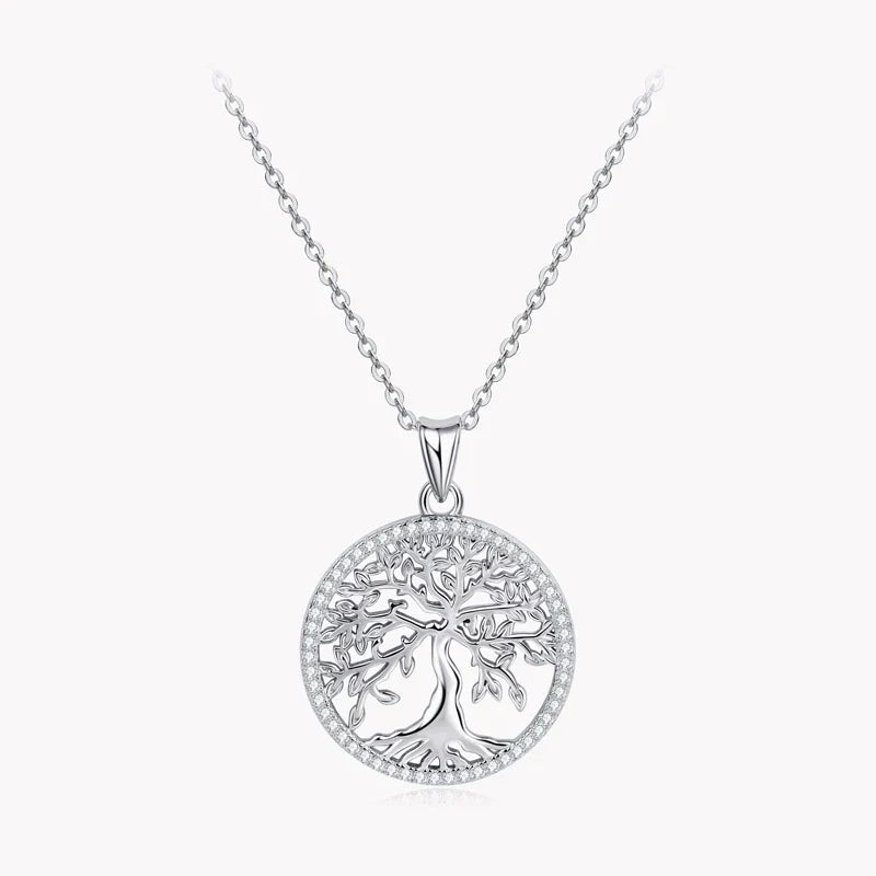 Tree of Life Pendant necklace in 925 sterling silver with 54 D-color moissanite stones, micro-insert setting