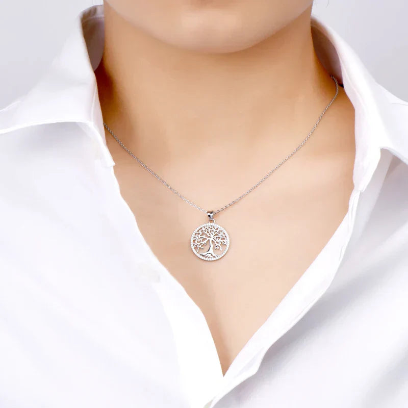 Tree of Life pendant necklace in 925 sterling silver with 54 micro-set moissanites on circular design