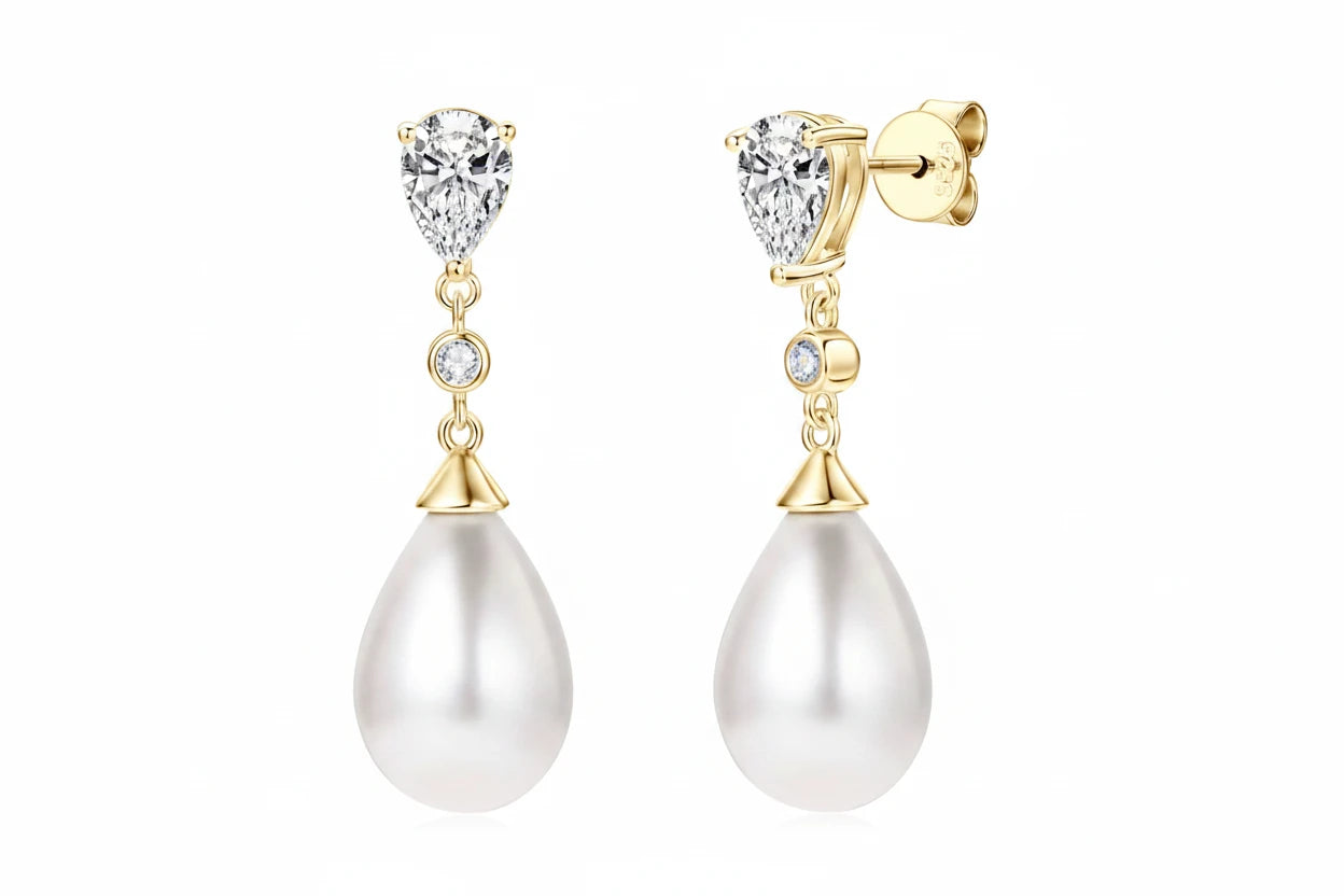 Pearl & Zirconia Drop Earrings | 925 Sterling Silver Teardrop | Diamonds Grace