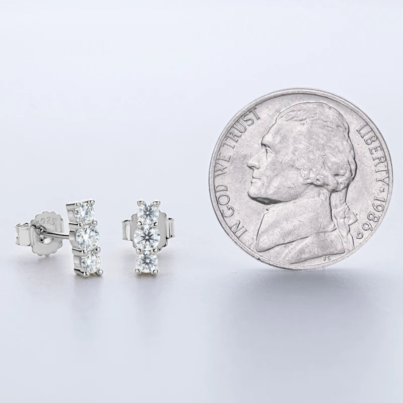925 Sterling Silver Moissanite Stud Earrings | VVS 3-Stone Round Cut | Diamonds Grace