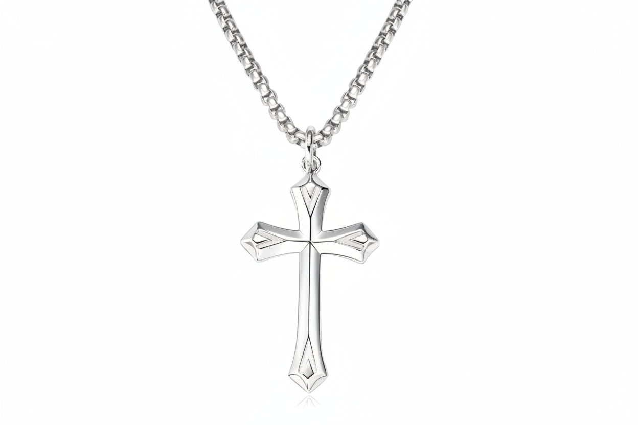 Matte Silver Gothic Cross Pendant Necklace | Baroque Crucifix | Unisex | Diamonds Grace