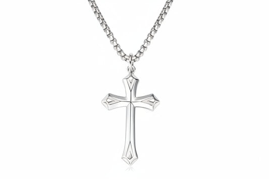 Matte Silver Gothic Cross Pendant Necklace | Baroque Crucifix | Unisex | Diamonds Grace
