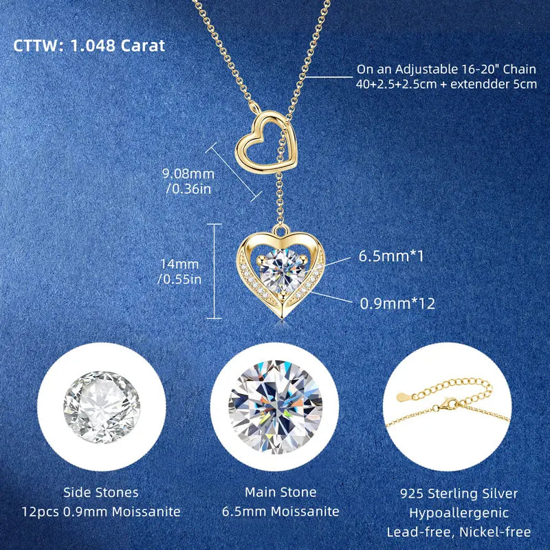 Moissanite Double Heart Necklace | 925 Sterling Silver Y-Lariat | Diamonds Grace