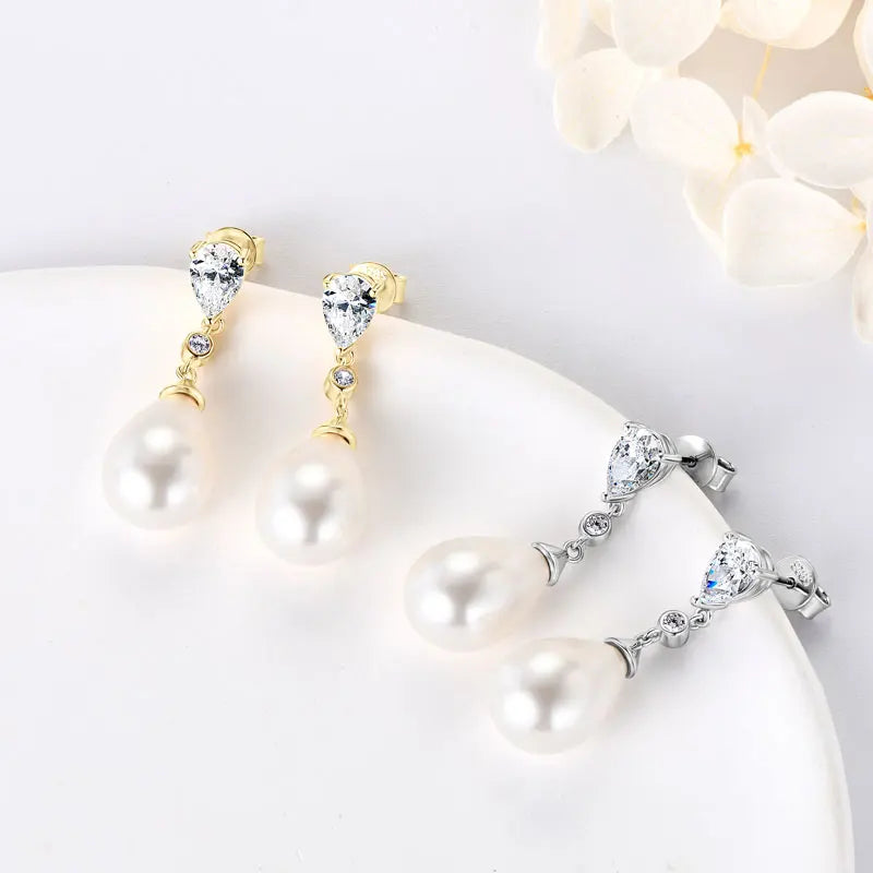 Pearl & Zirconia Drop Earrings | 925 Sterling Silver Teardrop | Diamonds Grace