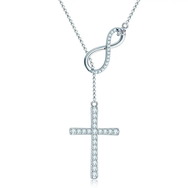 925 sterling silver moissanite cross pendant necklace with seven claw-set round-cut stones and GRA certification