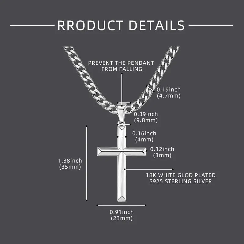 Cross Pendant Necklace for Men | 925 Sterling Silver | 18K White Gold Plated | Diamonds Grace