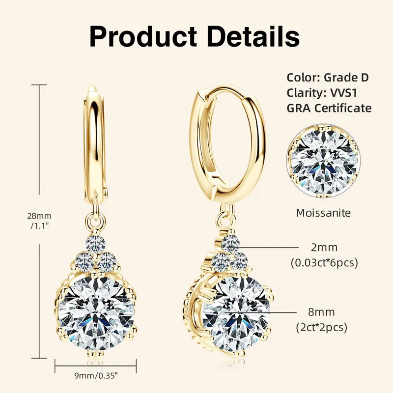 Moissanite Drop Earrings | 1CT & 2CT | S925 Sterling Silver Gold Plated | Diamonds Grace