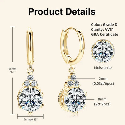 Moissanite Drop Earrings | 1CT & 2CT | S925 Sterling Silver Gold Plated | Diamonds Grace