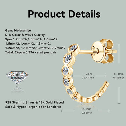 Moissanite C-Shape Half Hoop Earrings | 925 Sterling Silver | Diamonds Grace