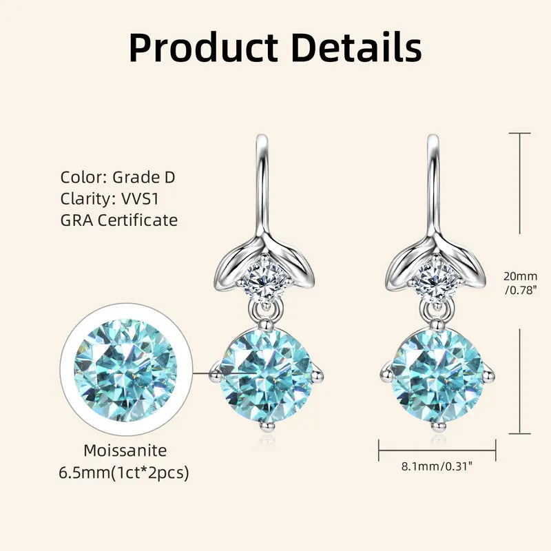 GRA Certified Moissanite Dangle Hook Earrings | D Color VVS1 | 925 Silver | Diamonds Grace